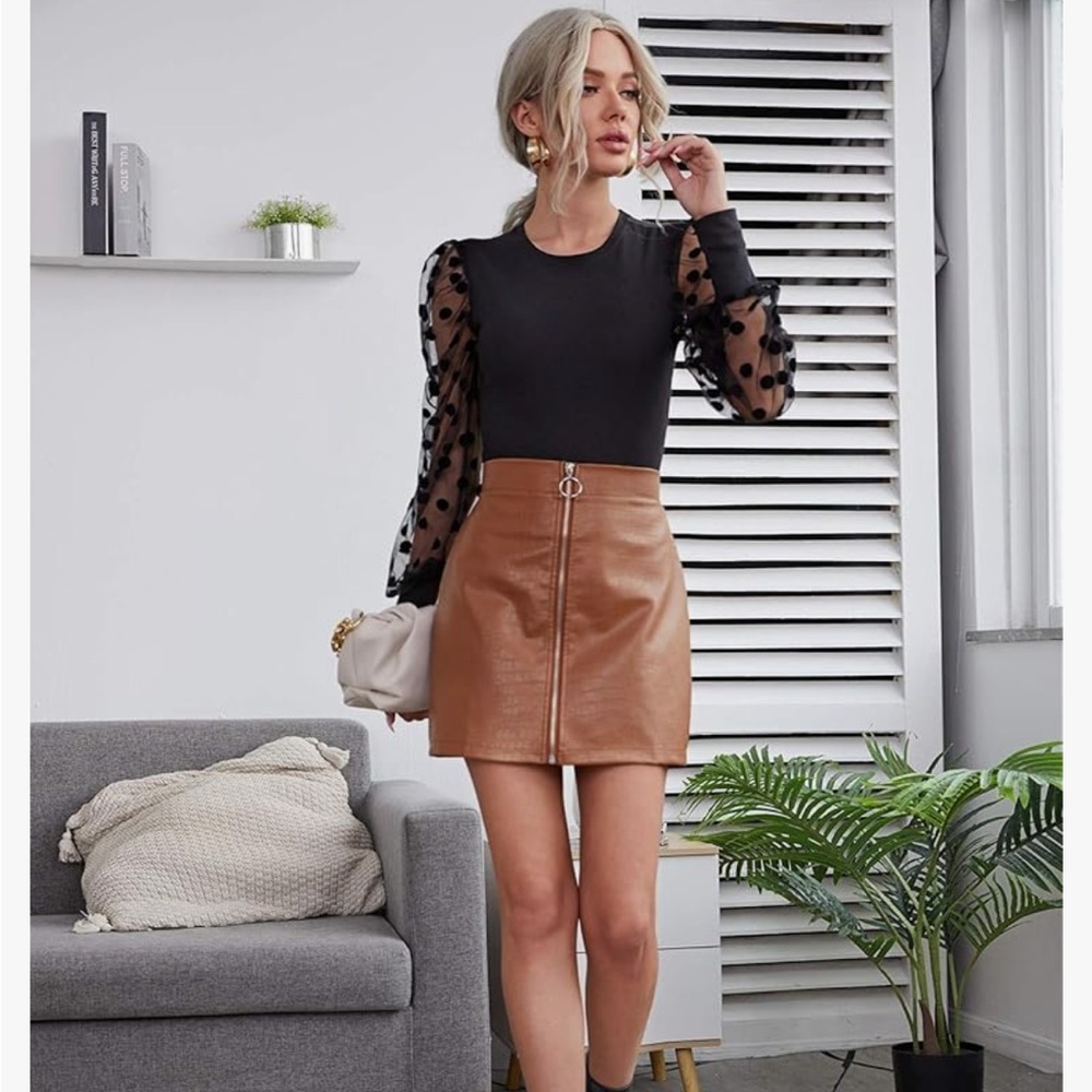 WDIRARA black body suit with sheer polka dot sleeves